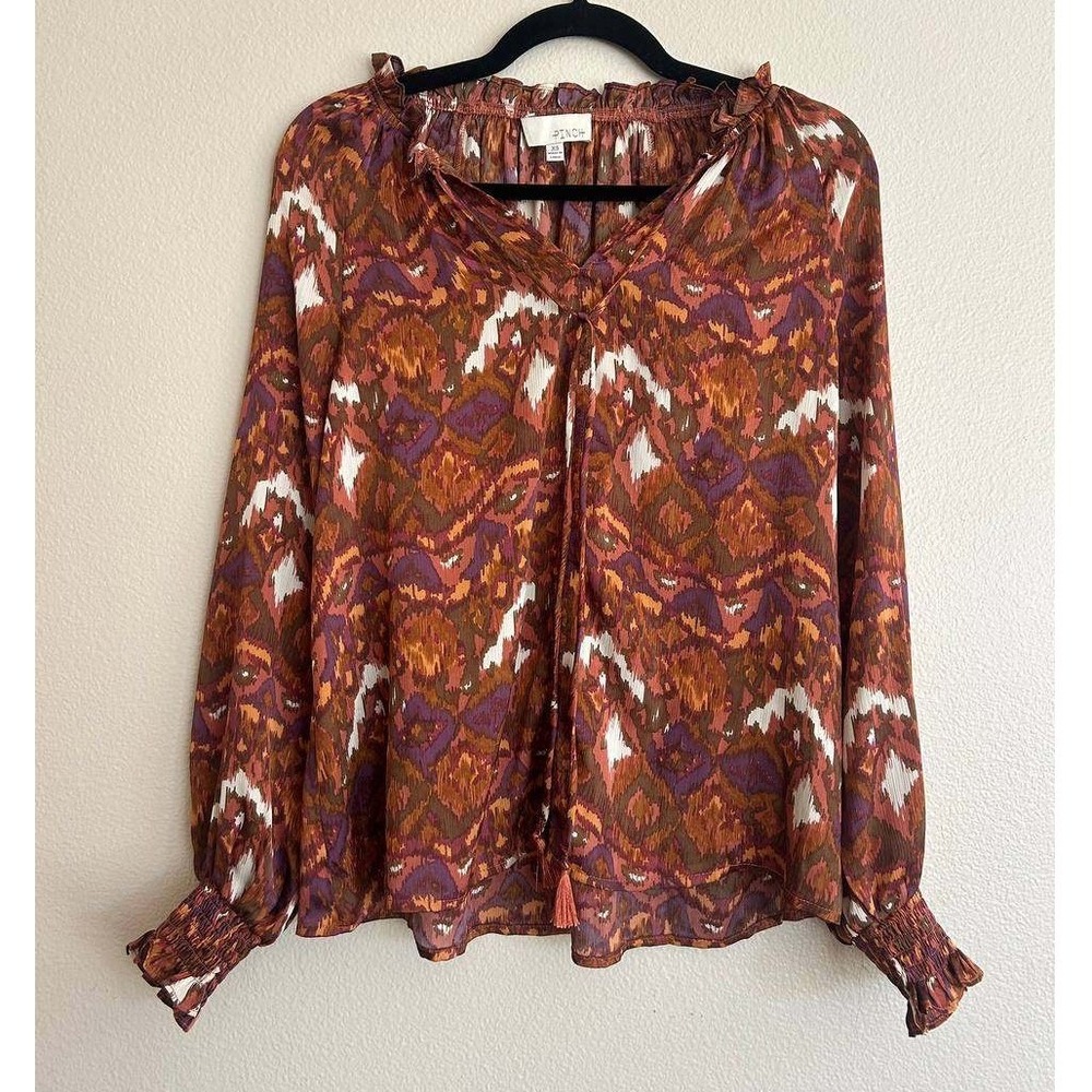 Pinch Ikat Print Blouse XS Ruffled Tassels Boho Paisley Print Y2K Coquette